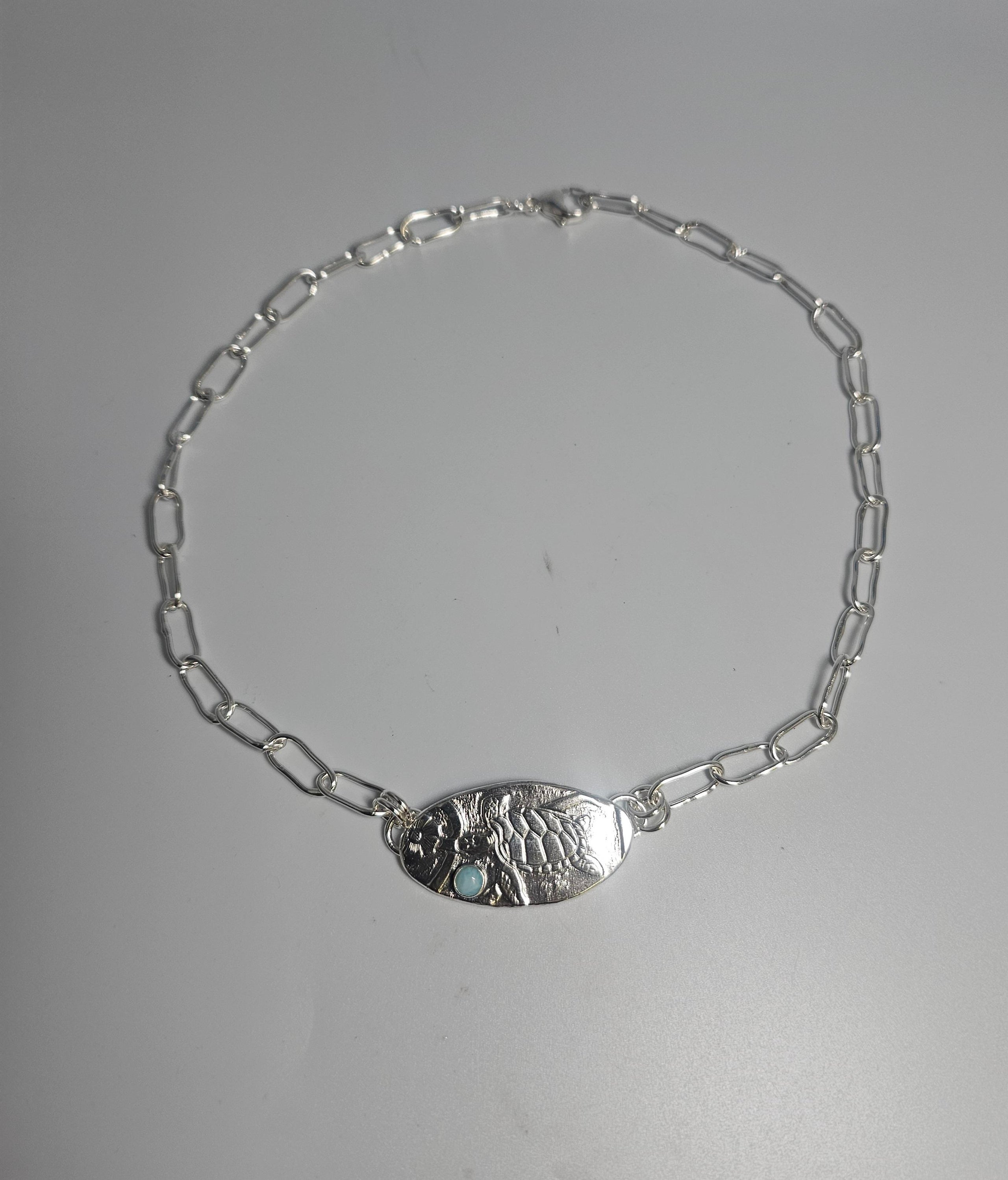 Etched Turtle and Larimar Necklace